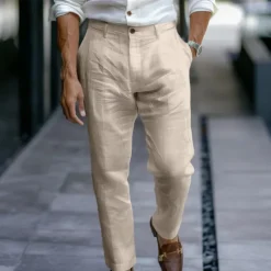 Online OUKU Men's Dress Pants Linen Pants Trousers Summer Pants Buttons Straight Leg Plain Comfort Breathable Full Length Business Daily Streetwear Stylish Black White