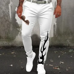 Clearance OUKU Men's Dress Pants Pocket 3D Print Buttons Flame Halloween Costumes Full Length Formal Business Casual Inelastic White