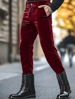Hot OUKU Men's Dress Pants Skinny Trousers Casual Pants Velvet Pants Pocket Plain Comfort Soft Full Length Party Daily Club Fashion Streetwear Black Red