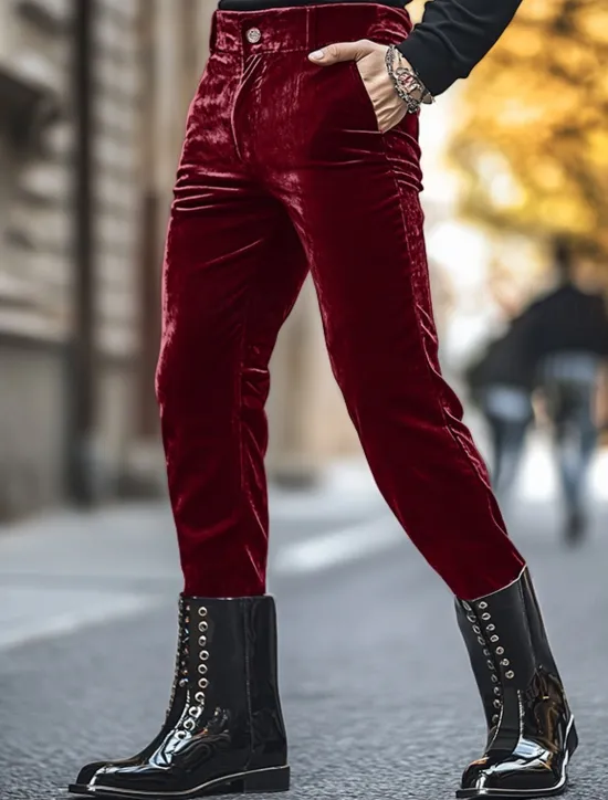 Hot OUKU Men's Dress Pants Skinny Trousers Casual Pants Velvet Pants Pocket Plain Comfort Soft Full Length Party Daily Club Fashion Streetwear Black Red