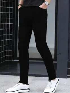 Hot OUKU Men's Dress Pants Skinny Trousers Chinos Buttons Pocket Solid Color Comfort Formal Party Work Fashion Classic Style Black White Micro-elastic