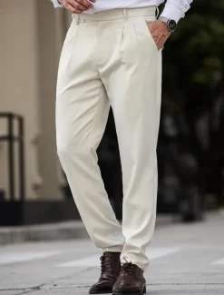 Online OUKU Men's Dress Pants Trousers Chinos Slacks Buttons Pocket Pleats Plaid Comfort Formal Party Work Fashion Classic Style Micro-elastic Apricot