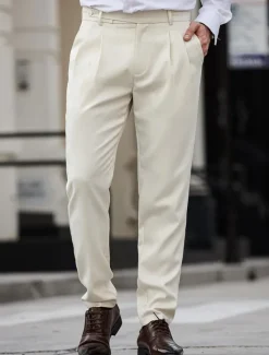 Online OUKU Men's Dress Pants Trousers Chinos Slacks Buttons Pocket Pleats Plaid Comfort Formal Party Work Fashion Classic Style Micro-elastic Apricot