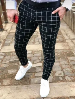 Sale OUKU Men's Dress Pants Trousers Chinos Buttons Pocket Plaid Comfort Formal Party Work Fashion Classic Style Black Navy Blue Micro-elastic