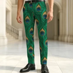 Discount OUKU Men's Dress Pants Trousers Casual Pants Suit Pants Peacock Feather Full Length Vacation Party Retro Vintage Blue Green Micro-elastic