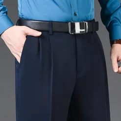 New OUKU Men's Dress Pants Trousers Slacks Pleated Pants Pocket Pleats Straight Leg Plain Breathable Soft Wedding Office Business Chic & Modern Classic Azure Black+Grey High Waist Micro-elastic