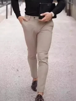 Best OUKU Men's Dress Pants Trousers Chinos Buttons Pocket Plain Comfort Formal Party Work Fashion Classic Style Micro-elastic Khaki