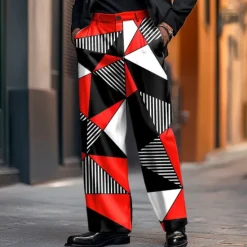Online OUKU Men's Dress Pants Trousers Geometric Color Block Full Length Holiday Streetwear Dads Day Gifts Casual Loose Fit Red Navy Blue Micro-elastic