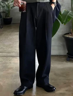 Clearance OUKU Men's Dress Pants Trousers Chinos Slacks Pleated Pants Buttons Pocket Straight Leg Plain Comfort Formal Party Work Fashion Classic Style Black Dark Gray Micro-elastic