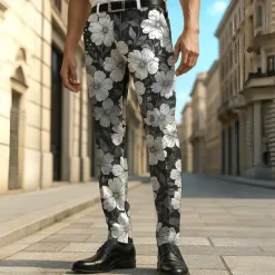 Hot OUKU Men's Dress Pants Trousers Suit Pants Floral Print Flowers Full Length Outdoor Vacation Daily Casual Formal Blue Gray Micro-elastic