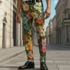 Hot OUKU Men's Dress Pants Trousers Suit Pants Floral Print Flowers Full Length Outdoor Vacation Daily Casual Formal Blue Gray Micro-elastic