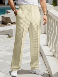 Discount OUKU Men's Dress Pants Trousers Slacks Suit Pants Waffle Pants Front Pocket Straight Leg Plain Comfort Full Length Business Daily Holiday Fashion Chic & Modern Black White Stretchy