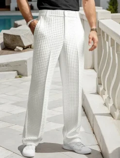 Discount OUKU Men's Dress Pants Trousers Slacks Suit Pants Waffle Pants Front Pocket Straight Leg Plain Comfort Full Length Business Daily Holiday Fashion Chic & Modern Black White Stretchy