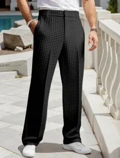 Discount OUKU Men's Dress Pants Trousers Slacks Suit Pants Waffle Pants Front Pocket Straight Leg Plain Comfort Full Length Business Daily Holiday Fashion Chic & Modern Black White Stretchy