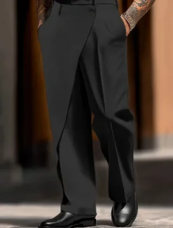 Discount OUKU Men's Dress Pants Trousers Pocket Layered Straight Leg Plain Comfort Soft Full Length Outdoor Daily Going out Fashion Streetwear Black White Micro-elastic