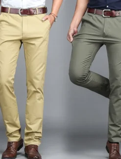 Best OUKU Men's Dress Pants Trousers Chinos Buttons Pocket Plain Comfort Formal Party Work Fashion Classic Style Dark Khaki Light Khaki