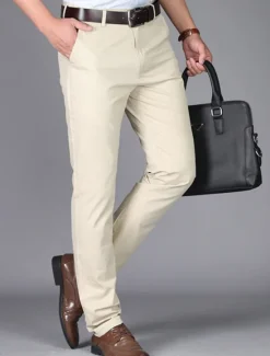 Best OUKU Men's Dress Pants Trousers Chinos Buttons Pocket Plain Comfort Formal Party Work Fashion Classic Style Dark Khaki Light Khaki