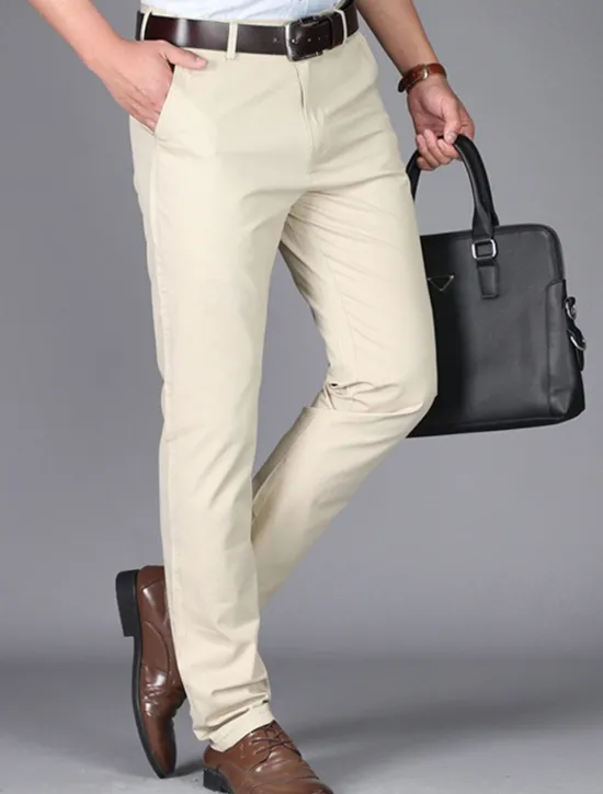 Best OUKU Men's Dress Pants Trousers Chinos Buttons Pocket Plain Comfort Formal Party Work Fashion Classic Style Dark Khaki Light Khaki