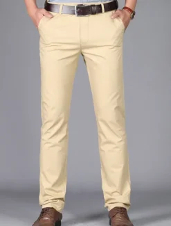 Best OUKU Men's Dress Pants Trousers Chinos Buttons Pocket Plain Comfort Formal Party Work Fashion Classic Style Dark Khaki Light Khaki