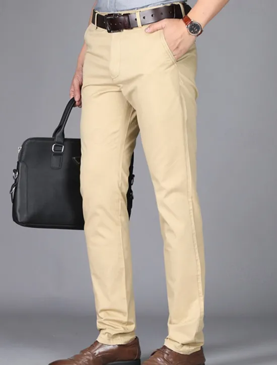 Best OUKU Men's Dress Pants Trousers Chinos Buttons Pocket Plain Comfort Formal Party Work Fashion Classic Style Dark Khaki Light Khaki