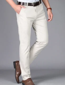 Best OUKU Men's Dress Pants Trousers Chinos Buttons Pocket Plain Comfort Formal Party Work Fashion Classic Style Dark Khaki Light Khaki