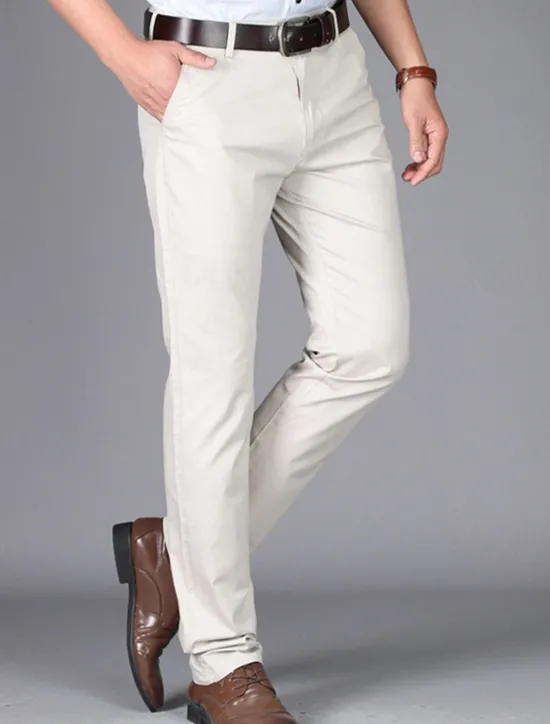 Best OUKU Men's Dress Pants Trousers Chinos Buttons Pocket Plain Comfort Formal Party Work Fashion Classic Style Dark Khaki Light Khaki
