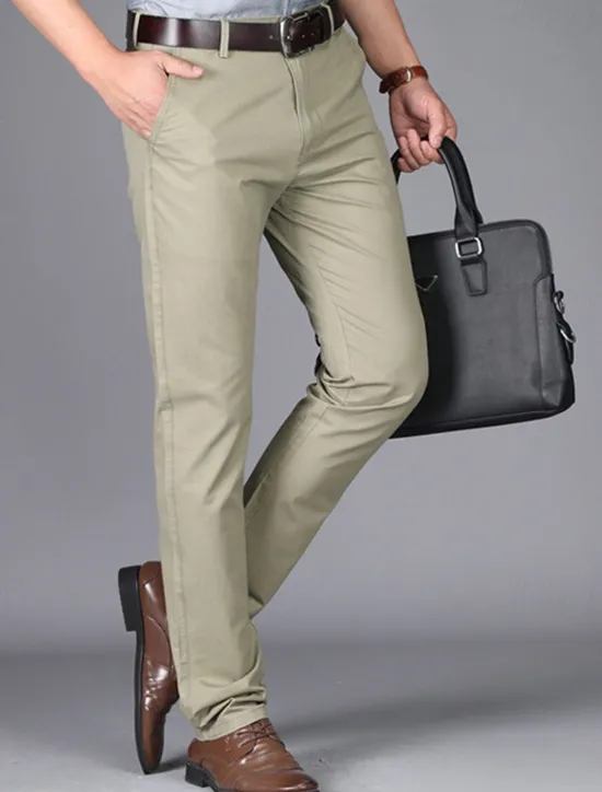 Best OUKU Men's Dress Pants Trousers Chinos Buttons Pocket Plain Comfort Formal Party Work Fashion Classic Style Dark Khaki Light Khaki