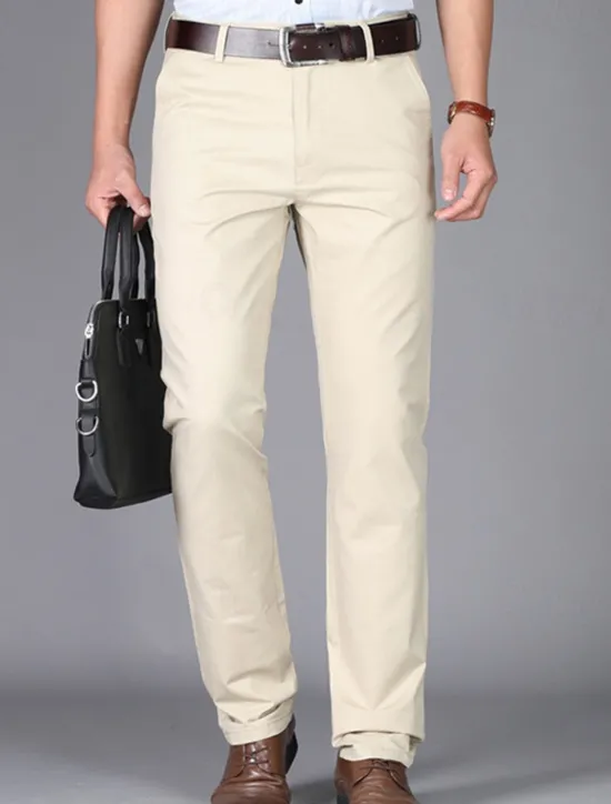 Best OUKU Men's Dress Pants Trousers Chinos Buttons Pocket Plain Comfort Formal Party Work Fashion Classic Style Dark Khaki Light Khaki