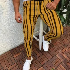 Outlet OUKU Men's Dress Pants Trousers Chinos Pocket Drawstring Elastic Waist Stripe Comfort Formal Party Work Fashion Classic Style White Yellow Micro-elastic