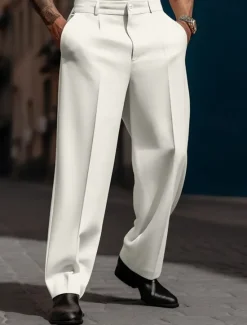 Best OUKU Men's Dress Pants Trousers Baggy Pants Casual Pants Suit Pants Front Pocket Straight Leg Plain Comfort Breathable Wedding Casual Daily Fashion Basic Black White