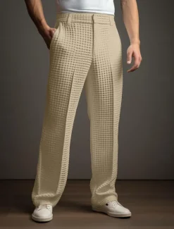 Hot OUKU Men's Dress Pants Trousers Slacks Suit Pants Waffle Pants Front Pocket Straight Leg Plain Comfort Wedding Business Daily Fashion Chic & Modern Black White Stretchy