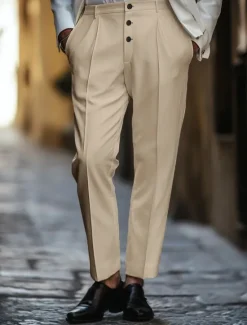Best OUKU Men's Dress Pants Trousers Casual Pants Buttons Pocket Pleats Plain Comfort Soft Ankle-Length Wedding Outdoor Daily Elegant Fashion Black White Micro-elastic