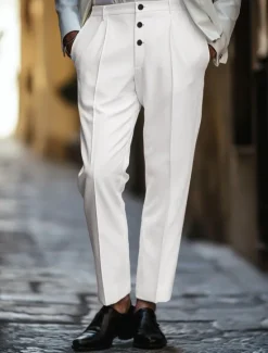 Best OUKU Men's Dress Pants Trousers Casual Pants Buttons Pocket Pleats Plain Comfort Soft Ankle-Length Wedding Outdoor Daily Elegant Fashion Black White Micro-elastic