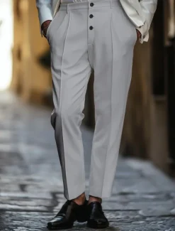 Best OUKU Men's Dress Pants Trousers Casual Pants Buttons Pocket Pleats Plain Comfort Soft Ankle-Length Wedding Outdoor Daily Elegant Fashion Black White Micro-elastic
