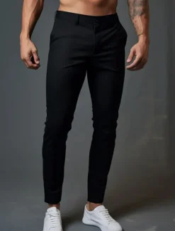 OUKU Men's Dress Pants Trousers Chinos Buttons Pocket Plain Comfort Formal Party Work Fashion Classic Style Black Dark Blue Micro-elastic