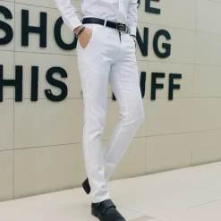 New OUKU Men's Dress Pants Trousers Chinos Casual Pants Straight Leg Plain Comfort Breathable Full Length Wedding Fashion Casual White Khaki Micro-elastic