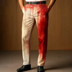Clearance OUKU Men's Dress Pants Trousers Suit Pants Blood stains Halloween Costumes Full Length Outdoor Holiday Dark Gothic Style Light Khaki Red Micro-elastic