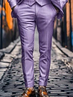 Online OUKU Men's Dress Pants Trousers Chinos Buttons Pocket Stripe Comfort Formal Party Work Fashion Classic Style Pink Blue Micro-elastic
