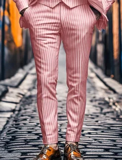 Online OUKU Men's Dress Pants Trousers Chinos Buttons Pocket Stripe Comfort Formal Party Work Fashion Classic Style Pink Blue Micro-elastic