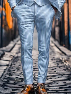 Online OUKU Men's Dress Pants Trousers Chinos Buttons Pocket Stripe Comfort Formal Party Work Fashion Classic Style Pink Blue Micro-elastic