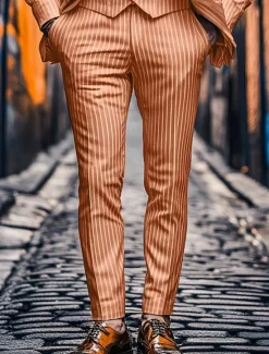 Online OUKU Men's Dress Pants Trousers Chinos Buttons Pocket Stripe Comfort Formal Party Work Fashion Classic Style Pink Blue Micro-elastic