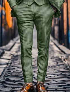 Online OUKU Men's Dress Pants Trousers Chinos Buttons Pocket Stripe Comfort Formal Party Work Fashion Classic Style Pink Blue Micro-elastic