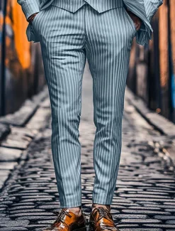 Online OUKU Men's Dress Pants Trousers Chinos Buttons Pocket Stripe Comfort Formal Party Work Fashion Classic Style Pink Blue Micro-elastic