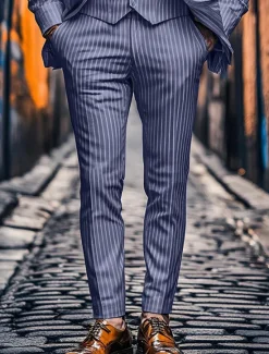 Online OUKU Men's Dress Pants Trousers Chinos Buttons Pocket Stripe Comfort Formal Party Work Fashion Classic Style Pink Blue Micro-elastic