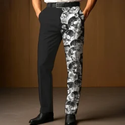Discount OUKU Men's Dress Pants Trousers Suit Pants Skull Halloween Costumes Full Length Outdoor Holiday Dark Gothic Style Black White Micro-elastic