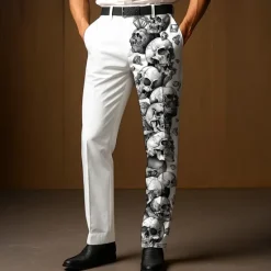 Discount OUKU Men's Dress Pants Trousers Suit Pants Skull Halloween Costumes Full Length Outdoor Holiday Dark Gothic Style Black White Micro-elastic