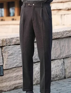 Online OUKU Men's Dress Pants Woolen Pants Trousers Pleated Pants Suit Pants Pocket Plain Comfort Soft Full Length Party Business Daily Elegant Fashion Dark Gray Beige