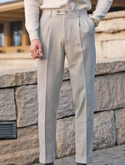 Online OUKU Men's Dress Pants Woolen Pants Trousers Pleated Pants Suit Pants Pocket Plain Comfort Soft Full Length Party Business Daily Elegant Fashion Dark Gray Beige