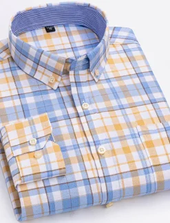 Sale OUKU Men's Dress Shirt Button Down Shirt Non Iron Shirt Oxford Shirt Stripes and Plaid Wedding Vacation Light Yellow Denim Blue White Yellow Long Sleeve Turndown All Seasons Clothing Apparel Button-Down