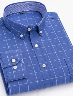 Sale OUKU Men's Dress Shirt Button Down Shirt Non Iron Shirt Oxford Shirt Stripes and Plaid Wedding Vacation Light Yellow Denim Blue White Yellow Long Sleeve Turndown All Seasons Clothing Apparel Button-Down